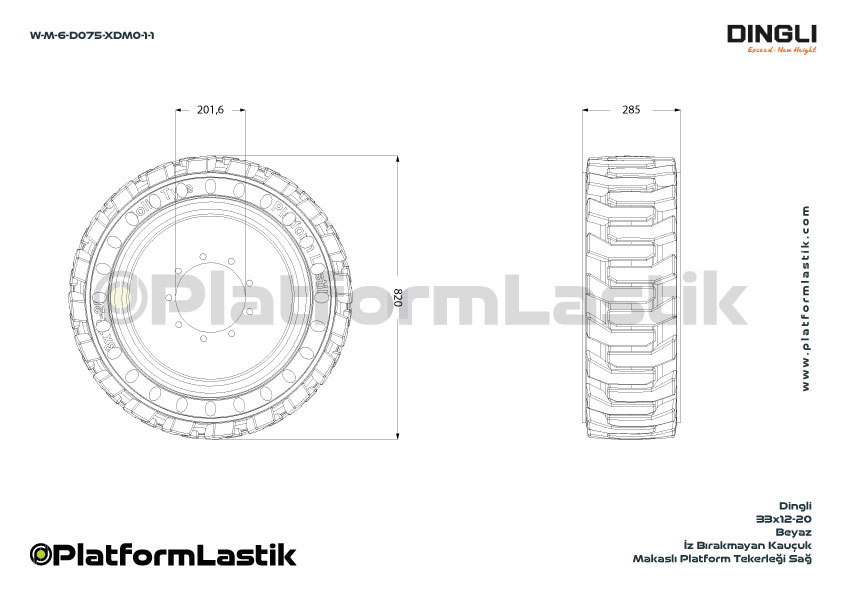 Dingli 33x12-20 İz Bırakmayan Beyaz Kauçuk Makaslı Platform Tekerleği Sağ