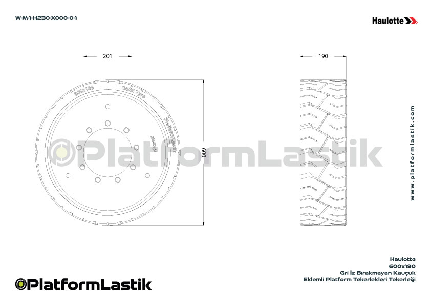 Haulotte 600x190 İz Bırakmayan Gri Kauçuk Eklemli Platform Tekerleği